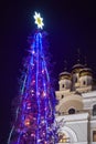Illuminated new year tree on the background of St. Nicholas church. Yekaterinburg. Russia