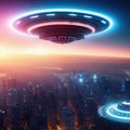 Futuristic image of UFO over night city, epic science fiction scene, alien ship and night lights Royalty Free Stock Photo