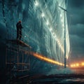 Illuminated offshore wind turbine construction with worker on scaffolding platform Royalty Free Stock Photo