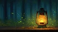 Glowing Lantern in Magical Forest at Night with Fireflies Royalty Free Stock Photo