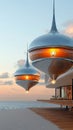 Illuminated Orb Lights over Beachfront Deck at Sunset Royalty Free Stock Photo