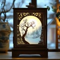 Illuminated Oriental Night Light Featuring a Winter Tree Landscape, Decorative Wooden Frame and Soft Glow Creating a Tranquil and Royalty Free Stock Photo