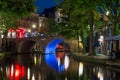 Illuminated Oudegracht canal in Utrecht, The Netherlands