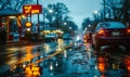 Illuminated out of gas sign at a fuel station on a rainy evening, reflecting energy crisis, fuel shortage, and economic