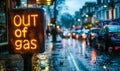 Illuminated out of gas sign at a fuel station on a rainy evening, reflecting energy crisis, fuel shortage, and economic