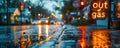 Illuminated out of gas sign at a fuel station on a rainy evening, reflecting energy crisis, fuel shortage, and economic