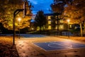 An illuminated outdoor basketball court under the night sky, Generative Ai Royalty Free Stock Photo