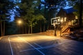 An illuminated outdoor basketball court under the night sky, Generative Ai Royalty Free Stock Photo