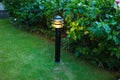 Illuminated outdoor light in apartment garden at twilight, evening. Royalty Free Stock Photo