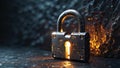 Illuminated padlock on dark textured background. Royalty Free Stock Photo