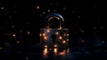Illuminated padlock surrounded by abstract sparkles in dark setting