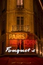 Illuminated Paris New York Fouquet\'s restaurant brand name on Champs Elysees avenue in Paris