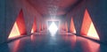 Illuminated passageway abstract architectural corridor with triangular windows and glowing interior lighting. Generative AI Royalty Free Stock Photo