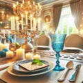 Illuminated passover seder table with traditional symbols and elegance