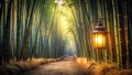 Illuminated path through a bamboo grove at dawn. Generative AI Royalty Free Stock Photo