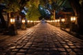 illuminated path lined with stone lanterns