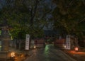 Illuminated path at night leading to the Mizuyamon gate of Ueno Toshogu shrine.