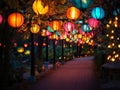 Illuminated Pathway with Colorful Lanterns and String Lights Royalty Free Stock Photo