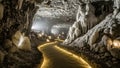 Illuminated pathway inside a stunning ice cave with stalactites and stalagmites Royalty Free Stock Photo