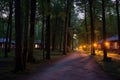 illuminated pathway to a forest housing at dusk