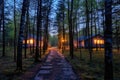 illuminated pathway to a forest housing at dusk