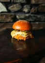 Illuminated photo of american hamburger with chuck roll meat, cheddar cheeese and other ingredietns on dark background