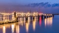 Illuminated pier in river Scheldt with container terminal, Port of Antwerp, Belgium Royalty Free Stock Photo