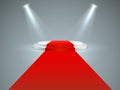 Illuminated podium. Floor red carpet to white podium, spotlights. Hollywood movie premiere, vip celebrity lifestyle