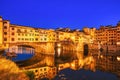 Illuminated Ponte Vecchio Bridge with Reflection in Arno River at Dusk, Florence