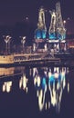 Illuminated port cranes on Lasztownia Island in Szczecin at night, Poland