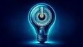 Illuminated Power Icon in Bulb for global Earth Hour on blue background. Energy conservation, environmental awareness, climate