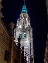 The illuminated Primate Cathedral of Saint Mary in Toledo at night, Spain