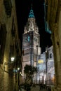 The illuminated Primate Cathedral of Saint Mary in Toledo at night, Spain