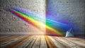 Illuminated prism casting a rainbow spectrum on brick wall and wooden floor. Generative AI Royalty Free Stock Photo