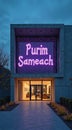 Illuminated purim sameach sign on modern building exterior at dusk Royalty Free Stock Photo