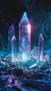 Illuminated quartz crystals in mystical cave landscape Royalty Free Stock Photo