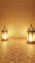 Illuminated Ramadan Lanterns on a Golden Geometric Patterned Surface and Wall with Warm Glowing Light Royalty Free Stock Photo
