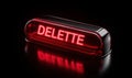 Illuminated red delete button with metallic details on a dark reflective surface Royalty Free Stock Photo