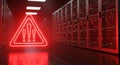 Illuminated red warning triangle symbol emitting intense light amidst rows of server racks in a data center environment Royalty Free Stock Photo