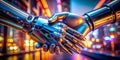 Illuminated Robotic Handshake A Futuristic Macro Capture of Advanced Technology and Connection in a Vibrant Digital