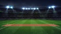 Illuminated round cricket stadium full of fans at night upper side view