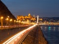 Illuminated Royal Buda Castle above Danube River by night in Budapest, Hungary, Europe. UNESCO World Heritage Site Royalty Free Stock Photo