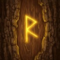 Illuminated Rune Symbol Carved Into Rough Brown Tree Bark Texture Background Royalty Free Stock Photo