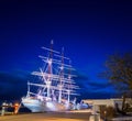 Illuminated sail ship at the Baltic port promenade in Gdynia, Polan