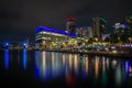 Illuminated Salford Quays at night in Manchester, Greater Manchester, United Kingdom