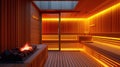 Illuminated sauna room with electric heater and wooden benches