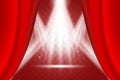 Illuminated scene behind ajar red curtain. Spotlights effect, realistic vector illustration Royalty Free Stock Photo