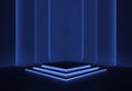 Illuminated scene with three steps illuminated by neon lights. Glossy podium on a deep blue background. Frosted Royalty Free Stock Photo