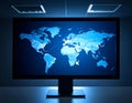 Illuminated screen displaying a world map, glowing blue, with a cursor pointing at Africa. Represents global connectivity, Royalty Free Stock Photo