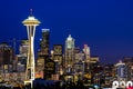 Illuminated Seattle skylines downtown during blue hour
